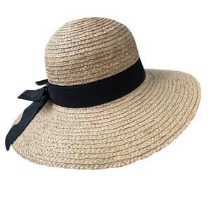 Turner Hats 100% Straw Sun Hat One Size Wide Brim Black Ribbon Beach Coastal